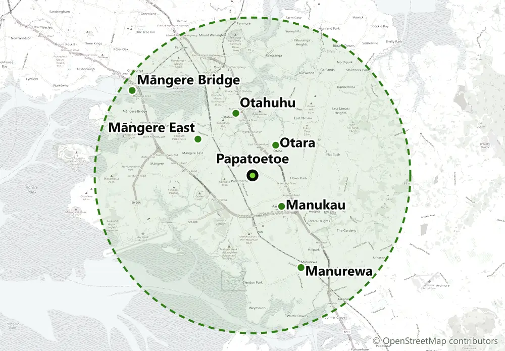 Map of the 0-Nine Lawn Care service area across South Auckland, centred on Papatoetoe and covering Māngere East, Māngere Bridge, Otahuhu, Otara, Manukau and Manurewa